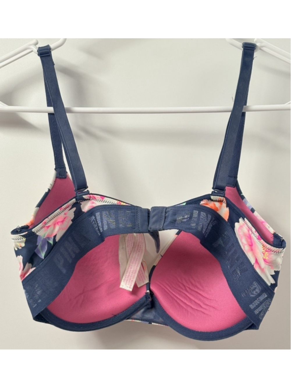 PINK Victoria’s Secret Floral Push Up Bra Navy Blue Pink Size 34DD - Picture 2 of 9